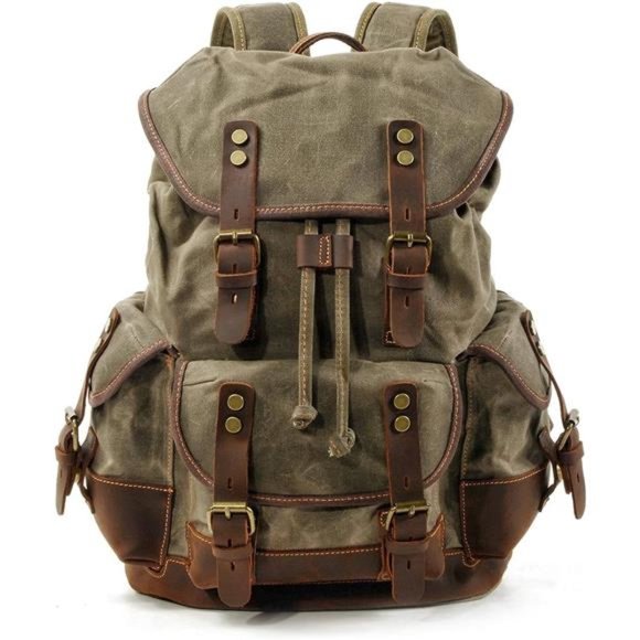 Other - Men Travel Backpack, Genuine Leather-Waxed Canvas Shoulder Hiking Rucksack